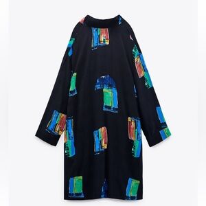 ZARA Oversized Black Printed Dress With Open Back - Small